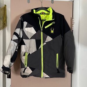 Spyder Boys Ski Jacket Kids Black and Gray Geometric Puffer Jacket size 14